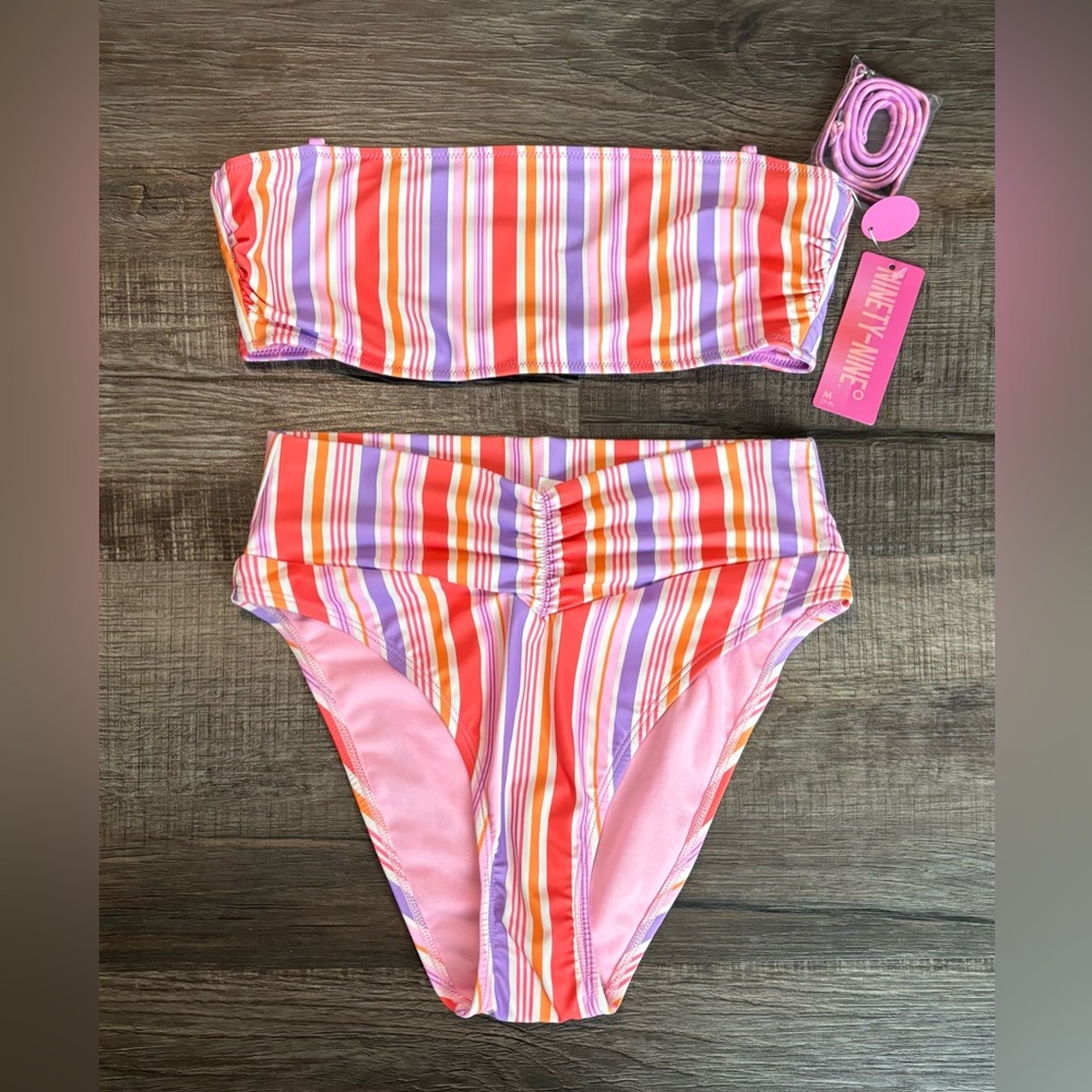 Pink, Orange, & Purple Striped Reversible Bandeau Bikini Set, Top: M, Bottoms: S
